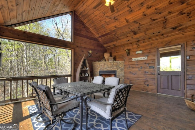 143 Katydid Rd, Morganton, GA 30560 - dining space featuring wooden walls, ceiling fan, a healthy amount of sunlight, and wooden ceiling