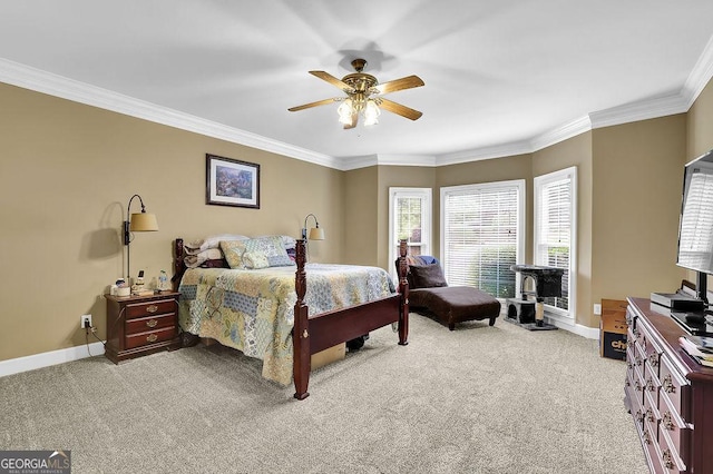 bedroom featuring light carpet, crown molding, baseboards, and ceiling fan