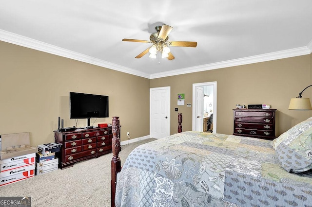 bedroom with carpet flooring, ornamental molding, ceiling fan, and baseboards