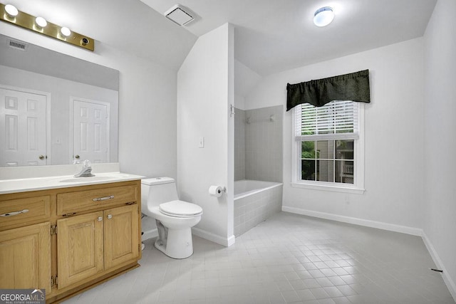 full bathroom featuring toilet, baseboards, vanity, tub / shower combination, and tile patterned flooring