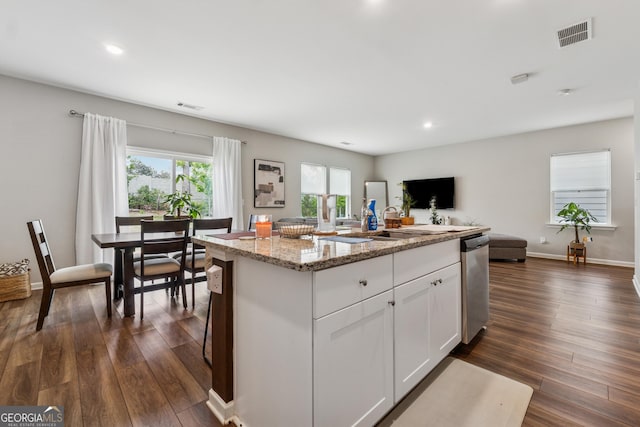 4777 Waxwing St, Hoschton, GA 30548 - kitchen with visible vents, open floor plan, white cabinetry, light stone counters, and dishwasher