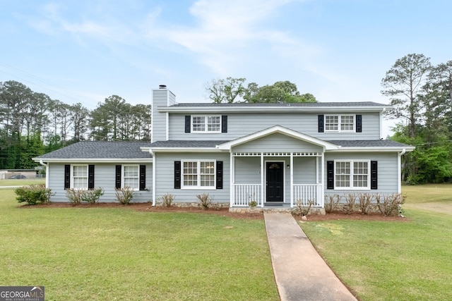 100 Fairview Dr, Stockbridge, GA 30281 - traditional-style house with roof with shingles, covered porch, a chimney, and a front yard