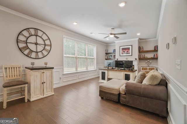 317 Basel Way, Hampton, GA 30228 - living room with ornamental molding, ceiling fan, wainscoting, recessed lighting, and dark wood-style floors