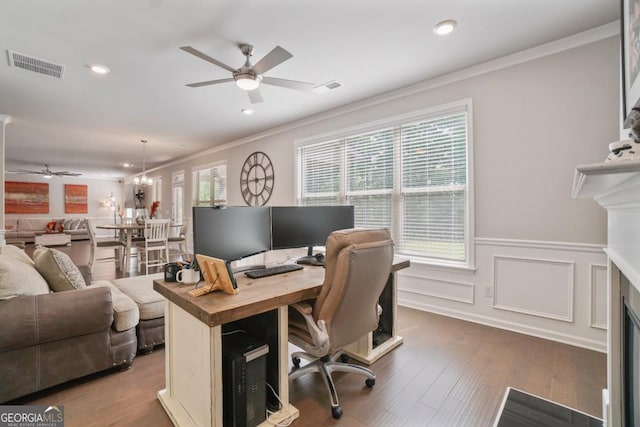 317 Basel Way, Hampton, GA 30228 - office space with a ceiling fan, wainscoting, crown molding, recessed lighting, and wood finished floors