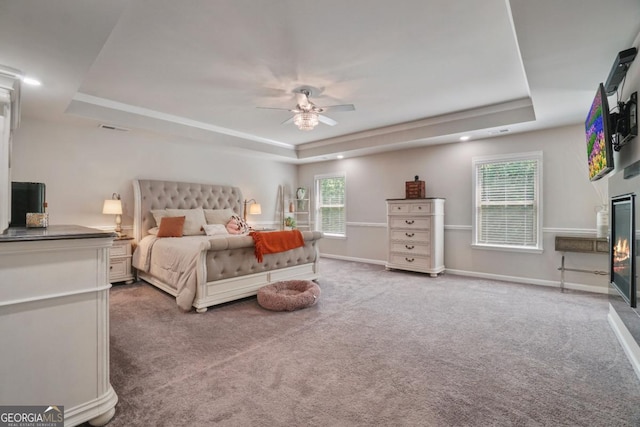 317 Basel Way, Hampton, GA 30228 - carpeted bedroom with a raised ceiling, a glass covered fireplace, and a ceiling fan