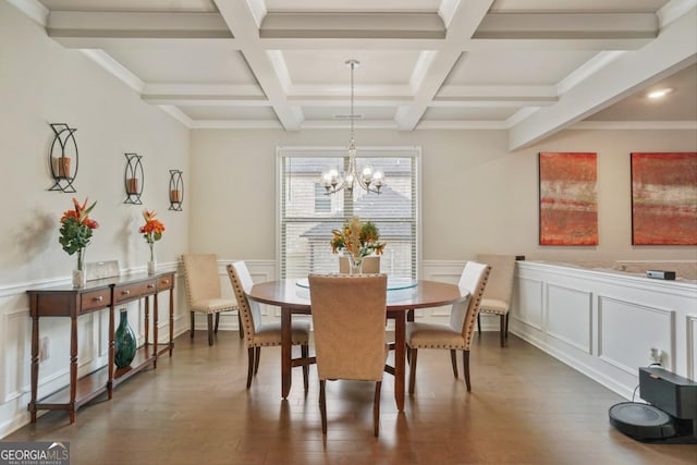 317 Basel Way, Hampton, GA 30228 - dining space with beamed ceiling, dark wood-style flooring, coffered ceiling, a chandelier, and wainscoting