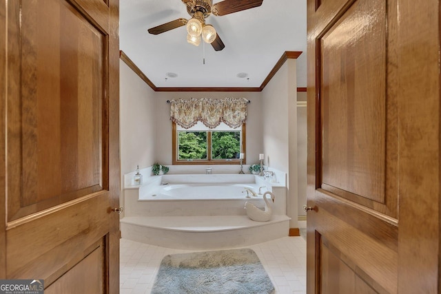 bathroom with crown molding, ceiling fan, and a bath