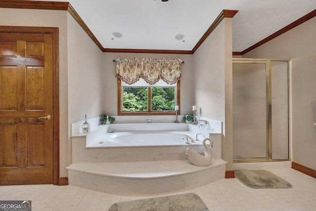 bathroom with crown molding, a stall shower, and a garden tub