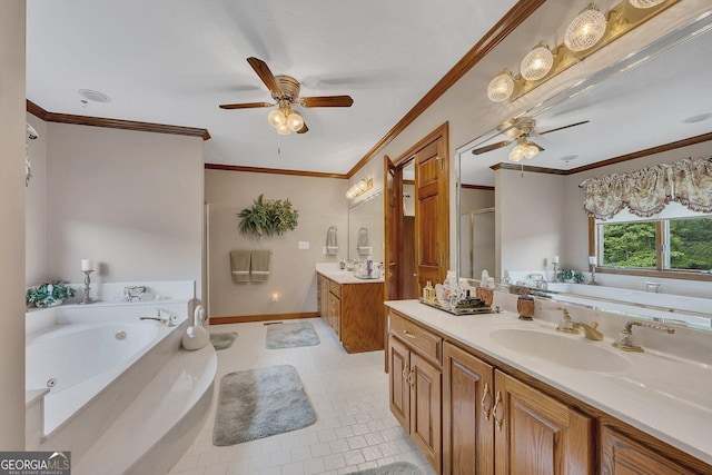 full bath featuring ceiling fan, two vanities, a sink, and a bath