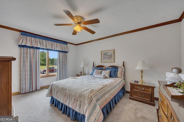 bedroom featuring light colored carpet and ornamental molding