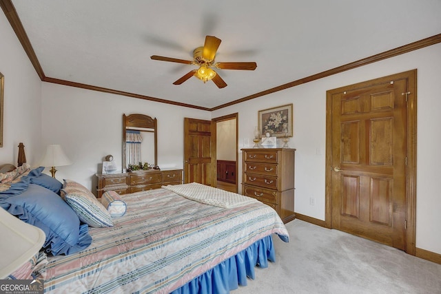 bedroom featuring baseboards, crown molding, ceiling fan, and light carpet