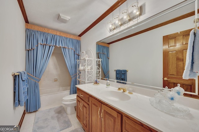 full bathroom featuring shower / bath combination with curtain, vanity, toilet, lofted ceiling, and ornamental molding
