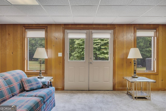 doorway featuring carpet floors, wooden walls, and plenty of natural light