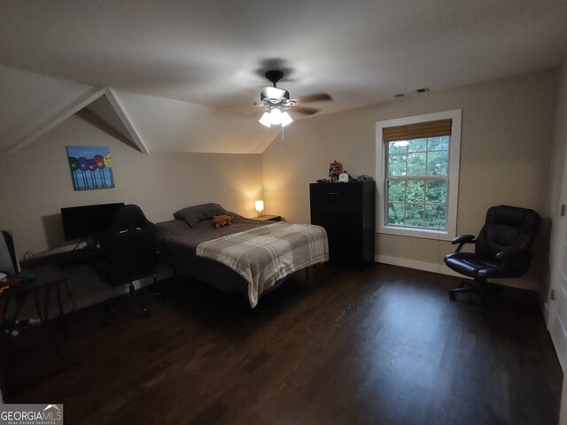 57 Deer Creek Run, Moreland, GA 30259 - bedroom with a ceiling fan, baseboards, wood finished floors, lofted ceiling, and visible vents