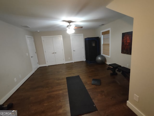 57 Deer Creek Run, Moreland, GA 30259 - workout room featuring baseboards, a ceiling fan, and wood finished floors