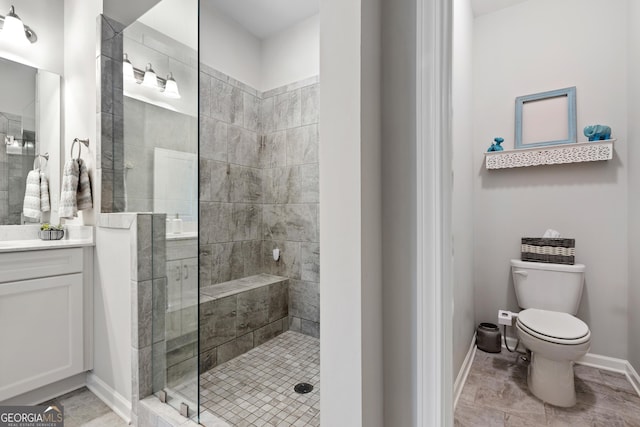 10200 Windalier Way, Roswell, GA 30076 - bathroom featuring vanity, baseboards, a shower stall, and toilet