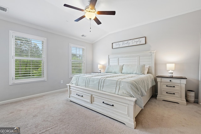 10200 Windalier Way, Roswell, GA 30076 - bedroom featuring light carpet, baseboards, vaulted ceiling, visible vents, and ornamental molding