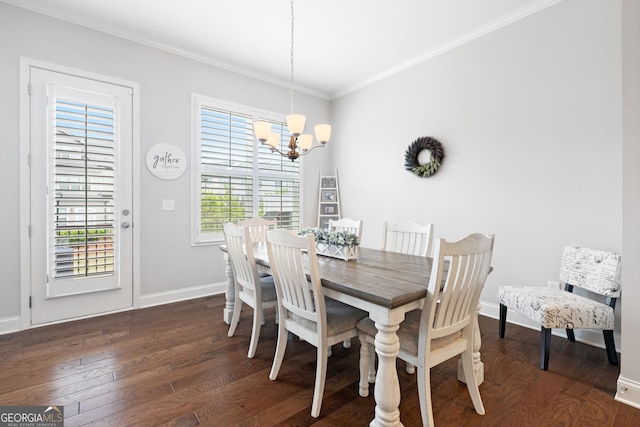 10200 Windalier Way, Roswell, GA 30076 - dining area with dark wood-style flooring, baseboards, a notable chandelier, and ornamental molding