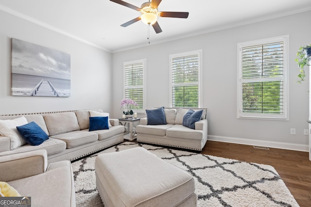 10200 Windalier Way, Roswell, GA 30076 - living room featuring baseboards, ornamental molding, dark wood finished floors, and ceiling fan
