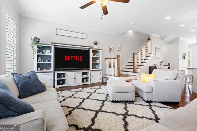 10200 Windalier Way, Roswell, GA 30076 - living area featuring crown molding, ceiling fan, wood finished floors, and a wealth of natural light