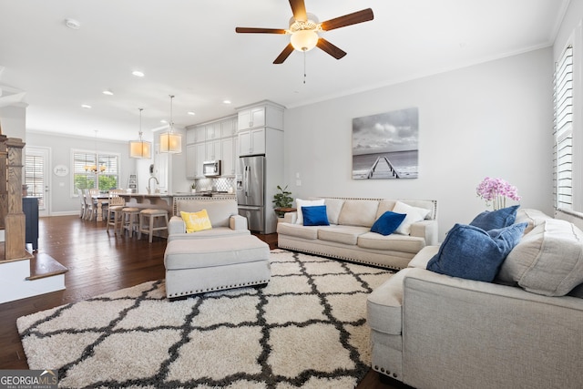 10200 Windalier Way, Roswell, GA 30076 - living room with crown molding, a ceiling fan, recessed lighting, and wood finished floors