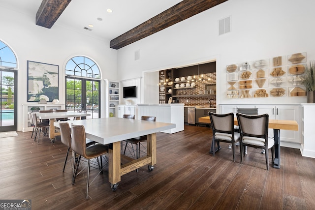 10200 Windalier Way, Roswell, GA 30076 - dining space featuring a high ceiling, visible vents, beam ceiling, and dark wood finished floors