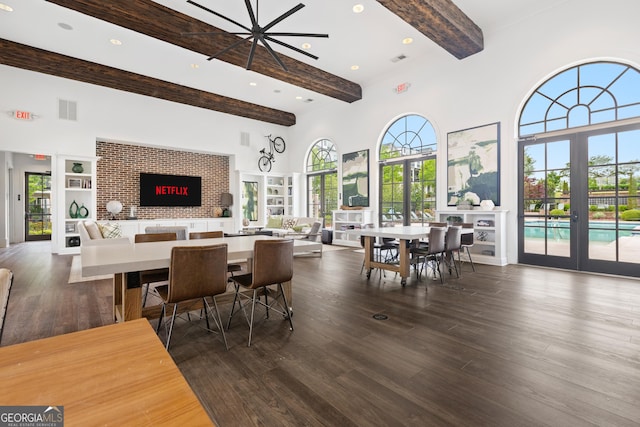 10200 Windalier Way, Roswell, GA 30076 - dining area featuring beam ceiling, recessed lighting, a towering ceiling, visible vents, and dark wood-style floors