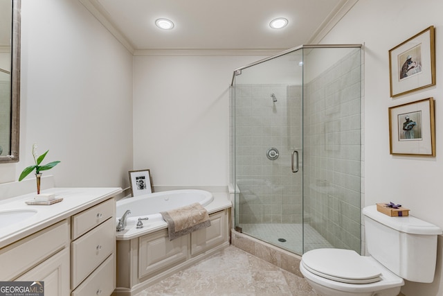 1717 N Decatur Rd NE Unit 214, Atlanta, GA 30307 - bathroom featuring a garden tub, crown molding, a stall shower, vanity, and toilet