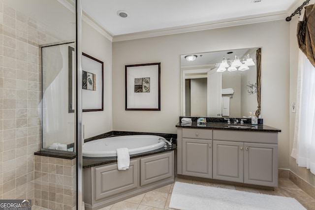 1717 N Decatur Rd NE Unit 214, Atlanta, GA 30307 - bathroom with vanity, ornamental molding, tile patterned floors, a bath, and a tile shower