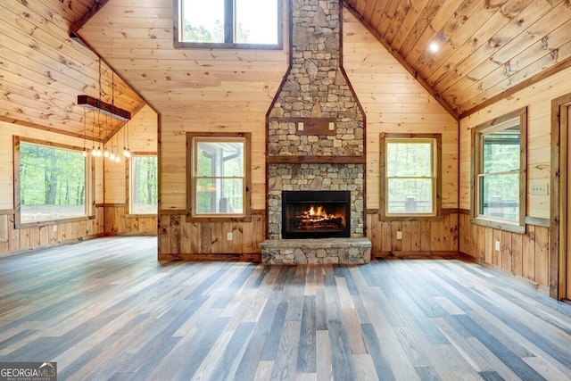 171 Antler Way, Morganton, GA 30560 - unfurnished living room featuring wood ceiling, wood finished floors, wood walls, a stone fireplace, and high vaulted ceiling
