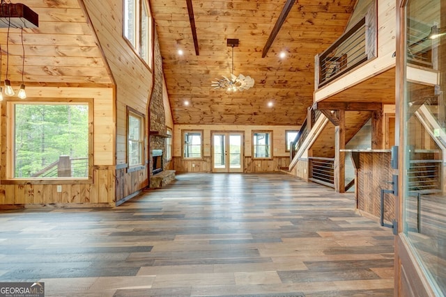 171 Antler Way, Morganton, GA 30560 - unfurnished living room featuring wood walls, high vaulted ceiling, wood finished floors, wooden ceiling with exposed beams, and a stone fireplace