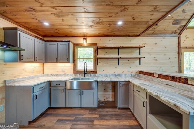 171 Antler Way, Morganton, GA 30560 - kitchen with wood ceiling, open shelves, a sink, dark wood-type flooring, and wood walls