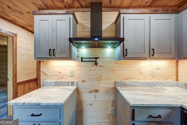 171 Antler Way, Morganton, GA 30560 - kitchen featuring island exhaust hood, wood ceiling, and wood walls