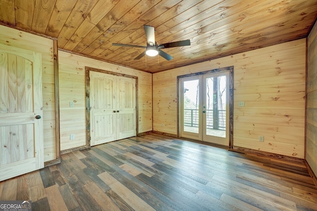 171 Antler Way, Morganton, GA 30560 - unfurnished bedroom with wooden ceiling, access to outside, dark wood finished floors, wooden walls, and french doors