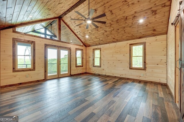 171 Antler Way, Morganton, GA 30560 - unfurnished room featuring wood ceiling, hardwood / wood-style floors, wooden walls, vaulted ceiling, and a ceiling fan
