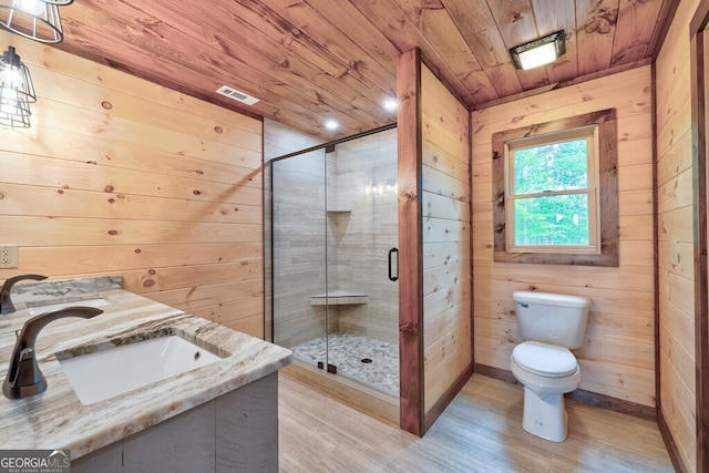171 Antler Way, Morganton, GA 30560 - bathroom with wood ceiling, wood finished floors, toilet, a shower stall, and wood walls