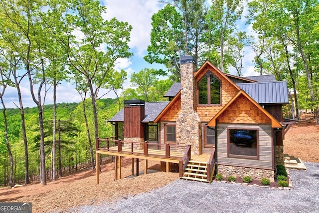 171 Antler Way, Morganton, GA 30560 - back of property with a chimney, a wooden deck, a standing seam roof, roof with shingles, and metal roof