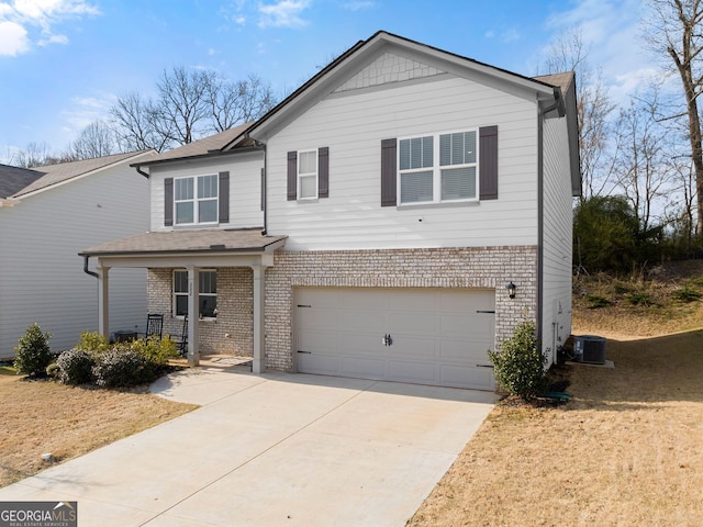 352 Walnut Grove Way, Pendergrass, GA 30567 - view of front of property featuring brick siding, a garage, concrete driveway, a shingled roof, and a porch