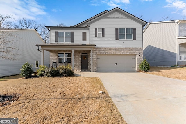 352 Walnut Grove Way, Pendergrass, GA 30567 - view of front of home featuring brick siding, an attached garage, a porch, and concrete driveway