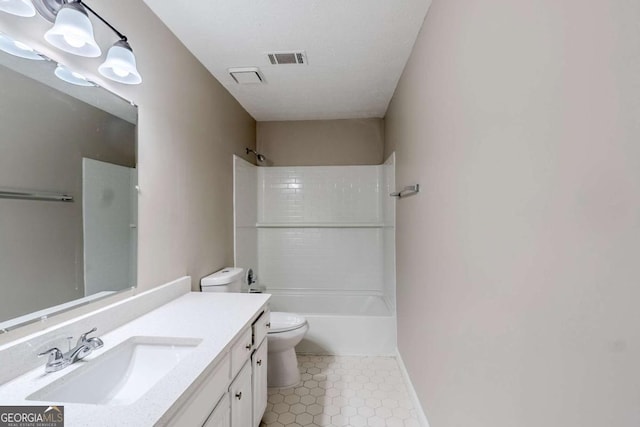 5611 Manassas Run, Stone Mountain, GA 30087 - full bath featuring vanity, tile patterned flooring, toilet, baseboards, and shower / bathing tub combination