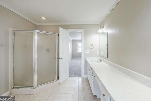 5611 Manassas Run, Stone Mountain, GA 30087 - bathroom with crown molding, vanity, baseboards, and a stall shower