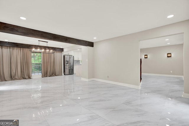 unfurnished living room featuring baseboards, recessed lighting, and marble finish floor