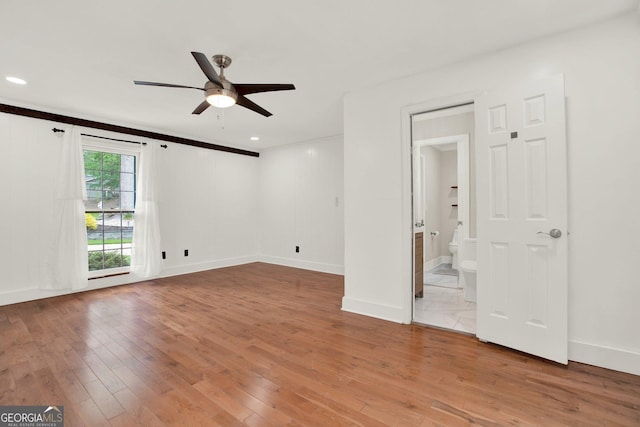 unfurnished room featuring recessed lighting, baseboards, a ceiling fan, and hardwood / wood-style flooring