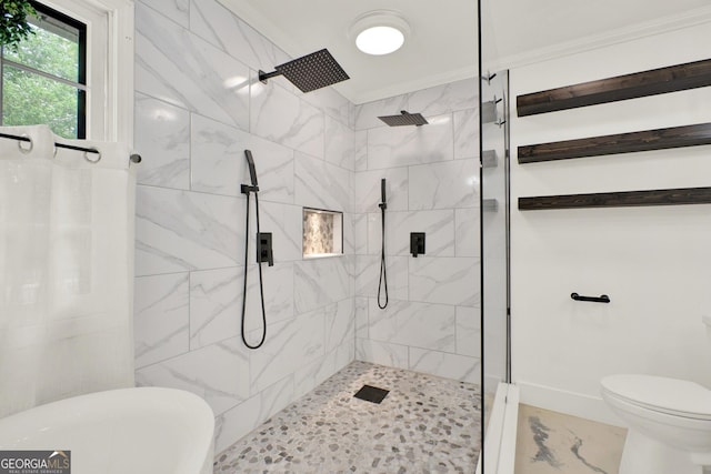 bathroom with ornamental molding, a baseboard heating unit, toilet, and tiled shower