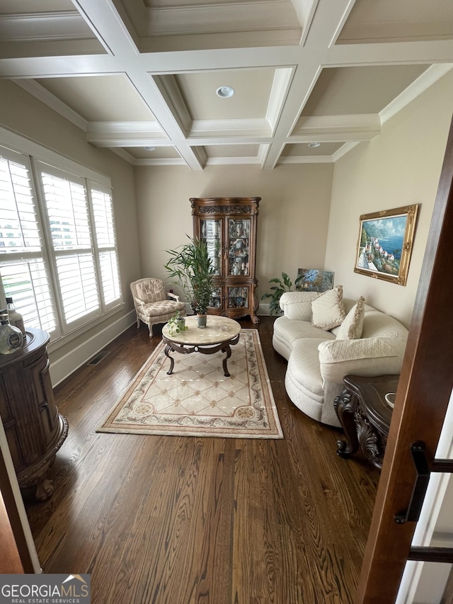 2220 Cambridge Hill Ct, Dacula, GA 30019 - living room with coffered ceiling, wood finished floors, and beam ceiling