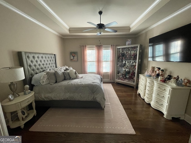 2220 Cambridge Hill Ct, Dacula, GA 30019 - bedroom with a tray ceiling, dark wood finished floors, crown molding, and ceiling fan