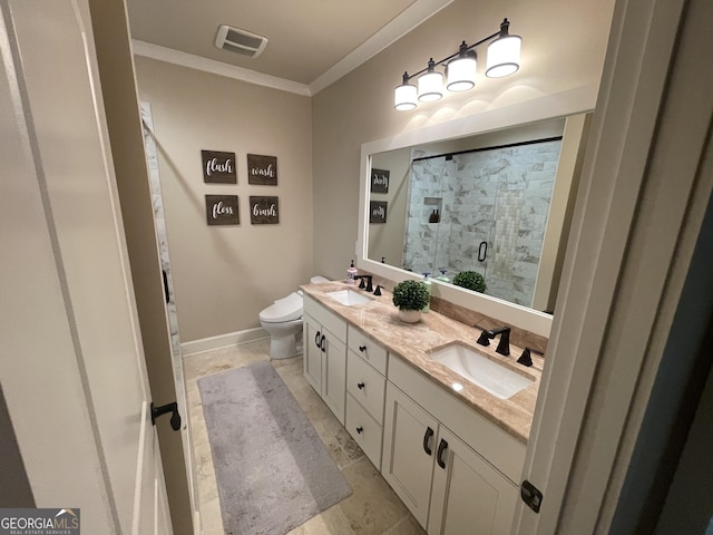 2220 Cambridge Hill Ct, Dacula, GA 30019 - full bathroom with a stall shower, ornamental molding, double vanity, toilet, and baseboards