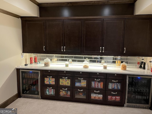 2220 Cambridge Hill Ct, Dacula, GA 30019 - indoor bar with beverage cooler, backsplash, and ornamental molding