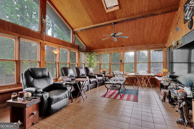 sunroom featuring beamed ceiling, high vaulted ceiling, wood ceiling, tile patterned floors, and a skylight