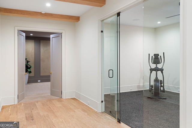 490 Mount Paran Rd, Atlanta, GA 30327 - hallway with recessed lighting, wood finished floors, baseboards, and beamed ceiling